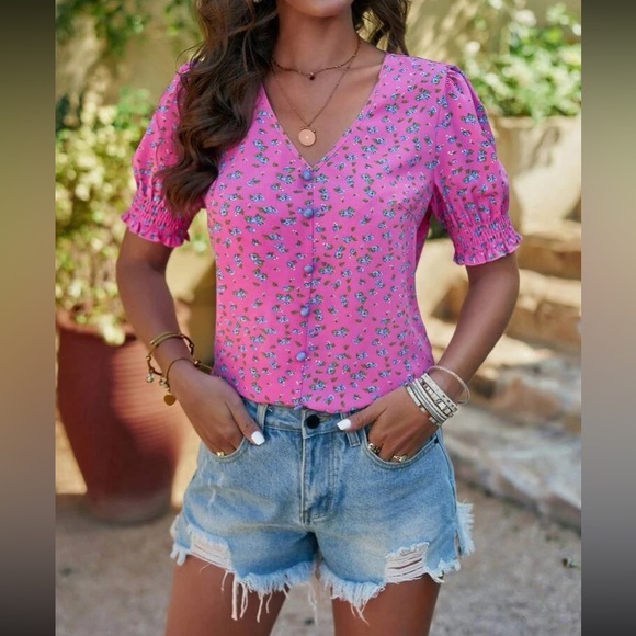 Boho floral print puff sleeve blouse - Picture 2 of 15